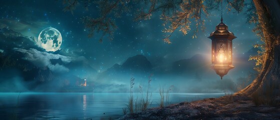 Moonlit lake with glowing lamp and Ramadan greeting with copy space