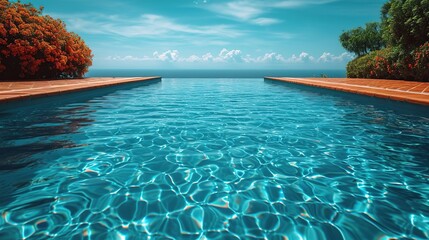 Serene infinity pool bordered by vibrant flora overlooks the ocean, perfect for luxury travel themes or serene summer backgrounds, with a harmonious blend of nature and design inviting text placement - obrazy, fototapety, plakaty