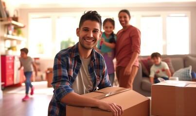 Cheerful multiracial family unkpacking cardboxes after relocation to their new house as real estate sale concept with handsome smiling man at foreground - obrazy, fototapety, plakaty