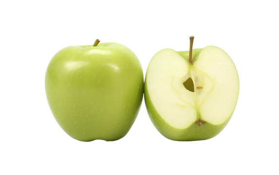 Green Apple Halves. A photograph showcasing the halves of a green apple on a plain Transparent background.