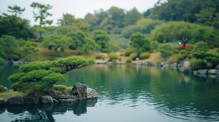 Fototapeta na wymiar Peaceful Japanese garden with a bonsai tree and calm waters, reflecting tranquility and harmony, perfect for cultural themes and relaxation articles, with ample space for text.