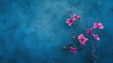 A striking botanical image, showcasing vivid pink flowers against a textured azure background, ideal for design applications and evoking a concept of spring and freshness with ample space for text.