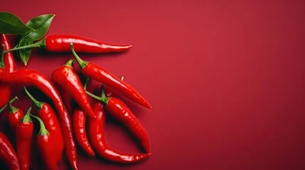 Foto op Plexiglas A cascade of glossy red chili peppers on a matching red background, highlighting culinary heat and vibrancy. Ideal for use in cooking publications or spice product advertising. © logonv