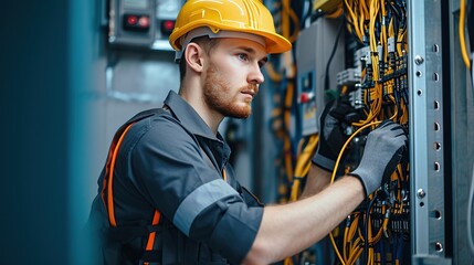 A focused electrician working on a complex control panel, representing professionalism and expertise. Suitable for vocational education or industrial service ads.