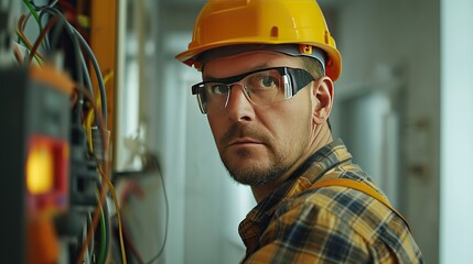 An electrician in a hard hat attentively inspects electrical wiring, embodying a professional and safety concept. Ideal for use in vocational training materials or electrical service advertisements.