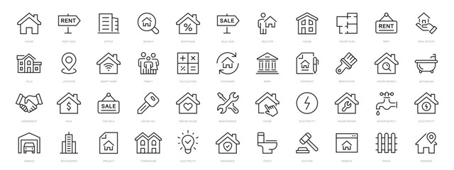 Real Estate thin line icons set. real estate symbols collection. House, home, mortgage, agent, plan icon. Real estate editable stroke icons vector