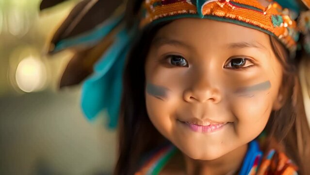 closeup portrait of a child, native American Indigenous girl in traditional feathered headdress