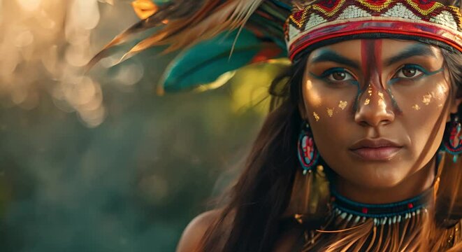 Native American Indigenous woman in traditional feathered headdress
