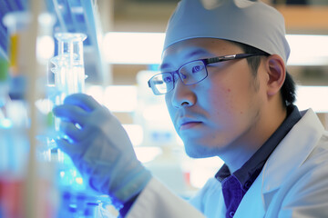 Focused scientist analyzing test tubes in a laboratory with a serious expression, wearing glasses and protective gear