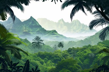 Fototapeta na wymiar Majestic Dawn: Enchanting Tropical Rainforest with Misty Mountains, generative ai