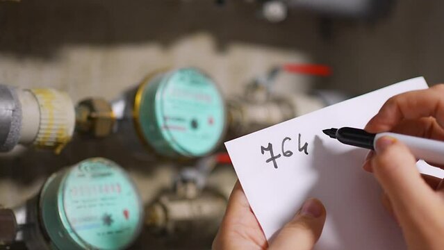 Woman recording meter readings, water meters of cold and hot water, water consumption in real apartments, Europe