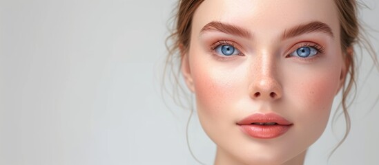 Mysterious woman with captivating blue eyes and flowing long hair in a striking photo shoot