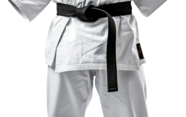 Man Wearing White Karate Suit and Black Belt. A man dressed in a white karate suit and black belt demonstrates martial arts techniques.