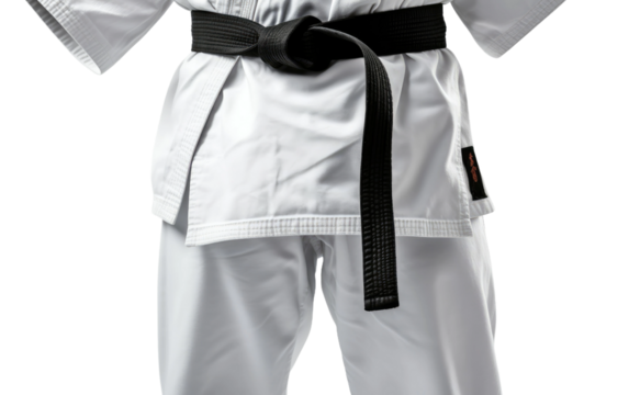 Man Wearing White Karate Suit and Black Belt. A man dressed in a white karate suit and black belt demonstrates martial arts techniques.