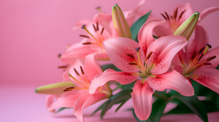 Beautiful lily flower bouquet on a pink background.generative ai