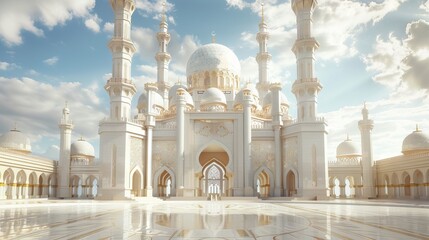 Beautiful Islamic mosque with ornate details and crescent moon in the sky during Ramadan - vector illustration - obrazy, fototapety, plakaty