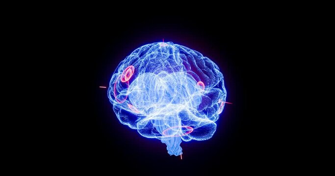Brain scan image or hologram rotates 360 degrees. Light attacks in wave form. The concept of attack destroys the brain. Medical technology style image. For analysis and treatment. 3D Rendering