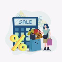 Sale and discount boy t shirt. Calculator sale and woman shopping vector