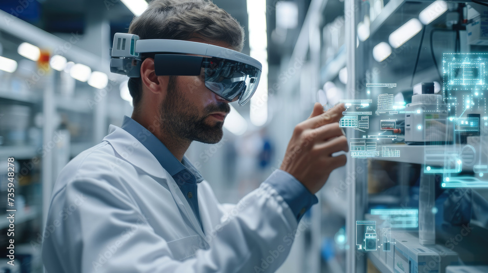 Poster facility manager using ar-glasses and ar-technology to fix a machine in a pharma company. generative
