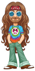 Colorful hippie with peace sign and sunglasses.