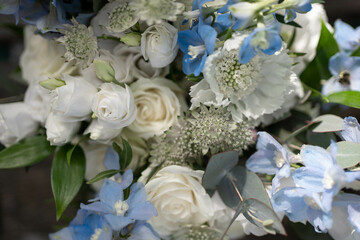 Bridal bouquet. Wedding. Beautiful bouquet of white, blue flowers and greenery. Fresh flowers bouquet.