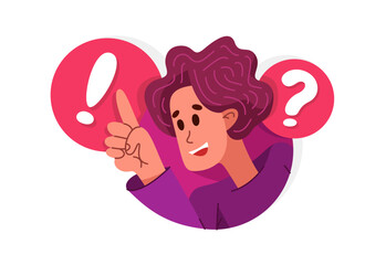 Young person talking online from a speech bubble, vector illustration of a conversation with accent on one-person trainer or mentor, online dialog, video speaker, social media commentator.