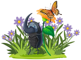 Foto op Plexiglas Kinderen Cartoon beetle and butterfly among purple flowers