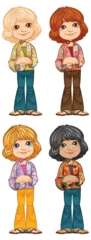 Foto op Plexiglas Kinderen Four cartoon kids with diverse hairstyles and clothes.