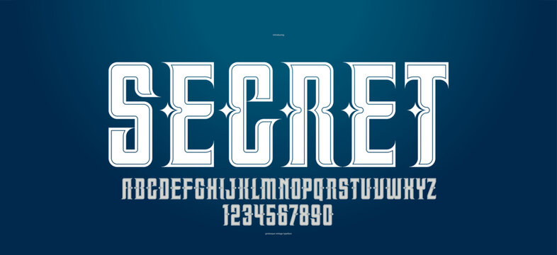 Vintage mystic and secret font for emblems and logos, old ancient display typeface for headers and slogans, poster typography design alphabet letters and numbers.