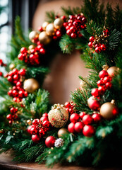 Fototapeta na wymiar beautiful Christmas wreath on the door. Selective focus.