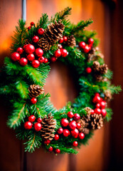 Fototapeta na wymiar beautiful Christmas wreath on the door. Selective focus.