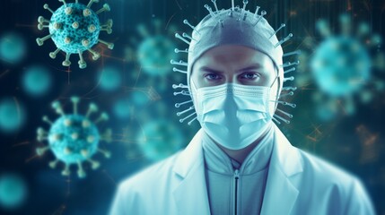 Close-up of a male doctor wearing a white protective suit and mask, near a digital screen with virus cells in a polyclinic, hospital. The viral Pandemic of the concept.