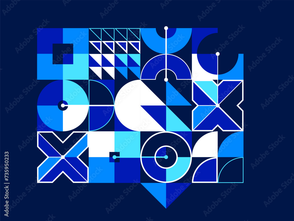 Poster abstract vector bauhaus geometric background, network and digital data composition, mechanical engin