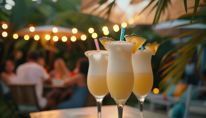 Pina Colada Cocktails with Pineapple Garnish in an Outdoor Party Setting
