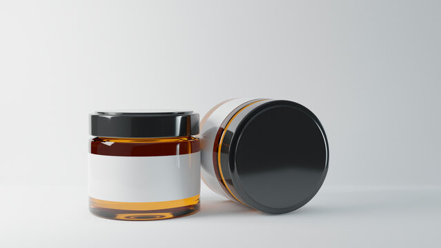 3D realistic render of honey jar mock-up. blank Label. Black lid