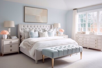Fototapeta na wymiar Brightly and Fresh Bedroom Suite is blue, light
