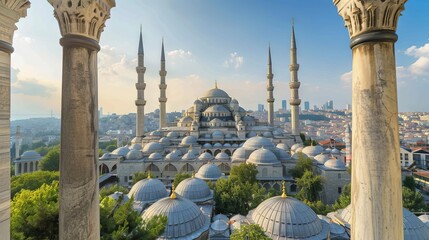 Istanbul skyline with Bosphorus bridge and blue mosque. Scenic view of Turkish capital city. Travel and tourism concept. - obrazy, fototapety, plakaty