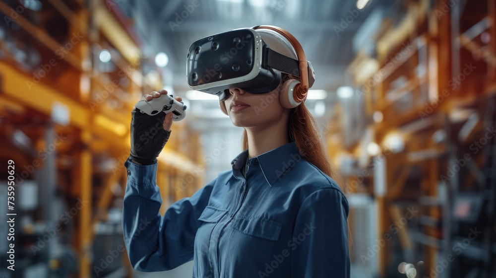 Aufkleber Female Industrial Engineer Wearing Virtual Reality Headset and Holding Controllers, She Uses VR technology for Industrial Design, Development and Prototyping in CAD Software. Generative AI.