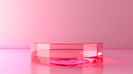 Beautiful transparent pink glass podium with space for text, generative ai