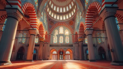 Suleymaniye mosque interior with ornate dome and chandeliers, Istanbul, turkey - obrazy, fototapety, plakaty