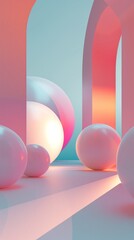 calming rhythms, pastel orbs in a surreal architectural space with warm pastel glowing light, serene sunset hues futuristic archway - obrazy, fototapety, plakaty