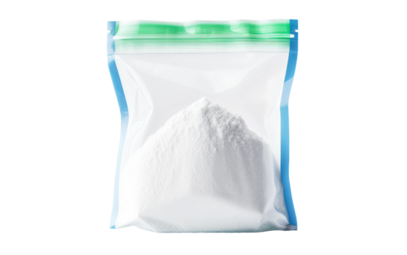 Bag of White Powder. A bag containing an unidentified white powder is placed on a Transparent background.