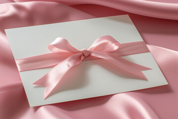 Elegant White Invitation Card with Pink Satin Ribbon on Silk Fabric