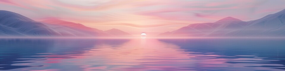 calming rhythms, surreal sunset over serene waters with majestic mountain silhouettes, tranquil...