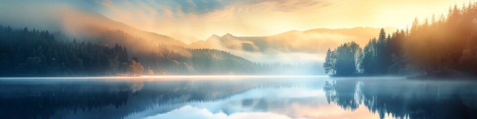 calming rhythms, golden sunrise over misty lake with forest and mountain reflections, serene...
