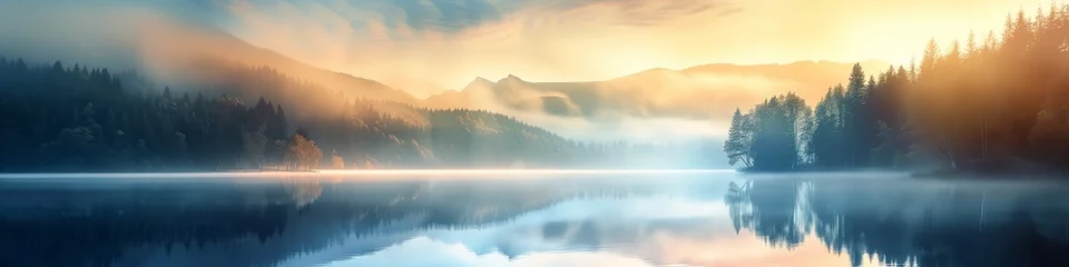 Möbelaufkleber calming rhythms, golden sunrise over misty lake with forest and mountain reflections, serene morning  © pier