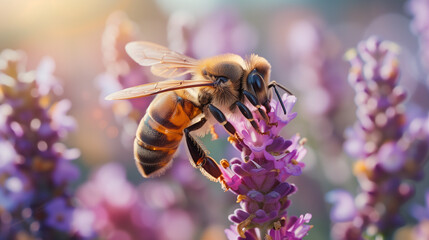 Close-Up of a Honeybee on Pollinating Flower