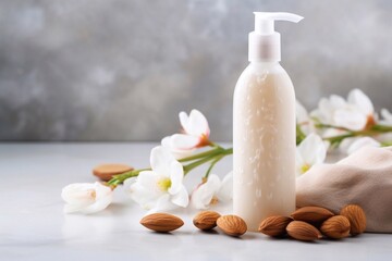 Fototapeta na wymiar Delicious almond shampoo with drops on background. Beautiful design of advertisement of cosmetic products for catalog, magazine.