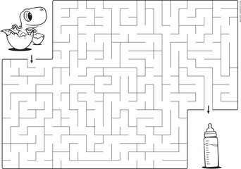 Vector black line printable maze. Format A4. Coloring book educational maze with little dinosaur hatching from an egg looking for a baby bottle with milk.