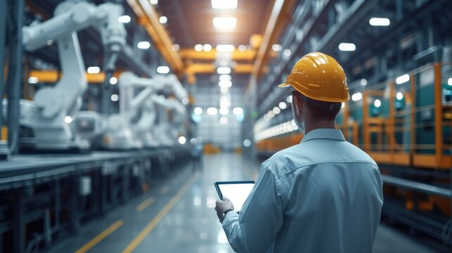 Engineer monitors and controls robot arm automation in smart factories. technician control automation robot arms machine in modern warehouse industrial on system software. Generative AI.